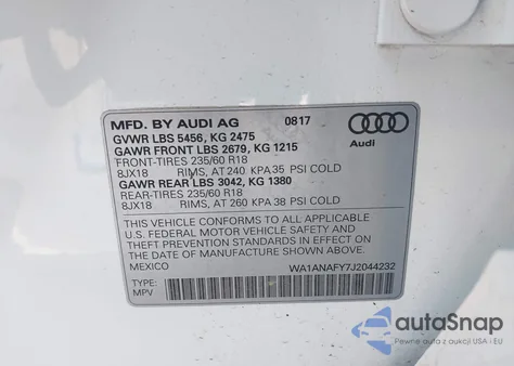 2018 Audi Q5 2.0T Premium/2.0T Tech Premium z USA, uszkodzony, nr VIN WA1ANAFY7J2044232